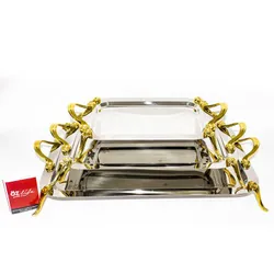 Ensemble de 3 Plateaux Inoxydables 18/10 avec Pied en Or Doré