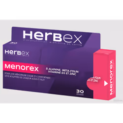 Herbex Menorex est à base d’une synergie d’actif qui participe au bien-être pendant la ménopause en réduisant notamment les b ...