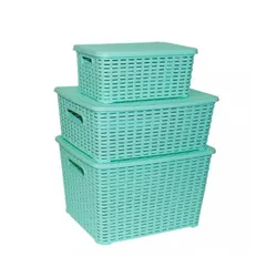 Lot de 3 Boites De Rangement Effet Rotin Bleu
