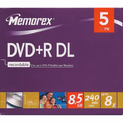 Memorex 8x DVD+R Double Layer, 5 Pack, DVD+R, 120 mm, 5 pièce(s), 8,5 Go