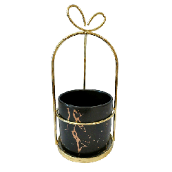 Pot Décoratif En Céramique Effet Marbre Noir Avec Support - Noir