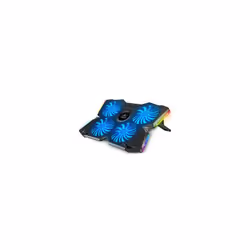 Refroidisseur SPIRIT OF GAMER Airblade 500 Pour PC Portable 17 - 4 ventilateurs de 120 mm avec fonctionnement silencieux - Plateau orientable avec angle de 10° à 30° sur 7 positions - Vitesse de rotation maxi: 900 RPM - Rétroéclairage bleu au niveau des ventilateurs + rétroéclairage RGB - Débit d'air maxi: 75 CFM -  Matériaux: Plastique - Niveau sonore: 25 dBA - Plateau avec dispositif anti-chute - Dimensions: 405 x 285 x 30 mm - Poids: 730 gr - Couleur: Noir