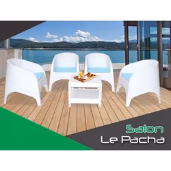 -SALON LE PACHA 4 fauteuils + Table BYRSA  Couleurs: Blanc, Noir, Gris foncé, Wingue et brun