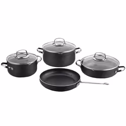 Set de 3 faitouts + poêle
Couvercles en verre
Revêtement PTFE de type granit extra résistant aux rayures
Couvercle de crépine ...