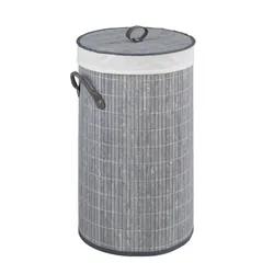 WENKO Coffre à linge Bamboo rond Gris corbeille à linge 55 l