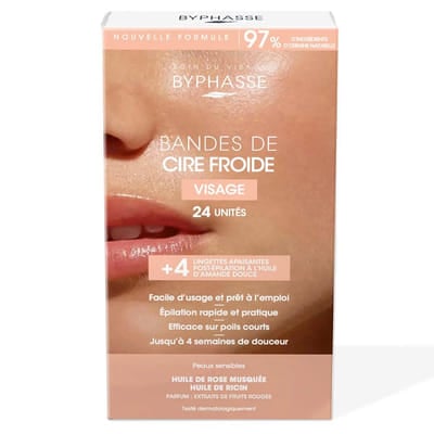 Byphasse Bandes de Cire Froide (24 Bandes + 4 Lingettes) Visage et zones délicates Peaux Sensibles, Vue principale