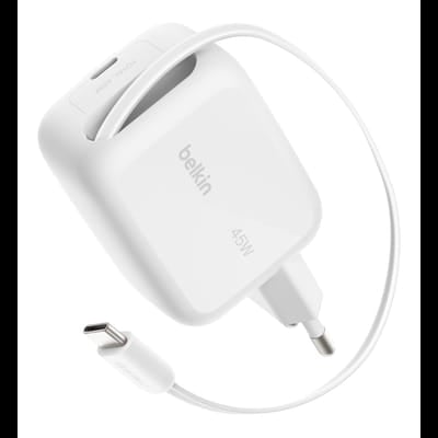 Chargeur secteur Belkin GaN avec câble rétractable 45W / Blanc, Vue principale